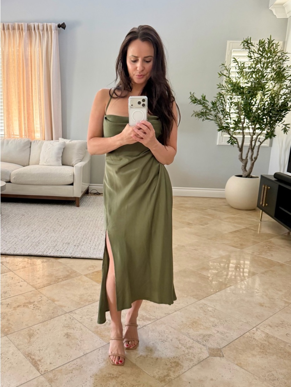Astr Olive Slip Midi Dress with Side Slit